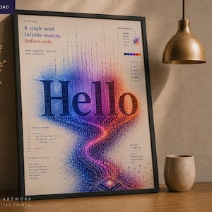 Könnte beinhalten: Gerahmter digitaler Kunstdruck mit dem Wort "Hello" in großen, stilisierten Buchstaben. Das Kunstwerk verwendet eine lebendige Farbpalette aus Blau, Lila und Orange, mit einem Design, das an Code und digitale Kunst erinnert. Der Druck wird auf einer Holzoberfläche angezeigt.