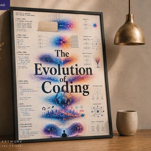 Pode incluir: Pôster emoldurado intitulado "The Evolution of Coding" com moldura preta. O pôster apresenta um design abstrato colorido com texto e gráficos. Um vaso com plantas secas e uma pequena xícara de cerâmica estão em primeiro plano.