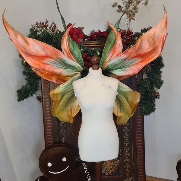 orange green Spring Goddess Persephone Tulips Butterfly Fairy Wings - realistic handmade Fantasy Costume Accessory - Size L Large
