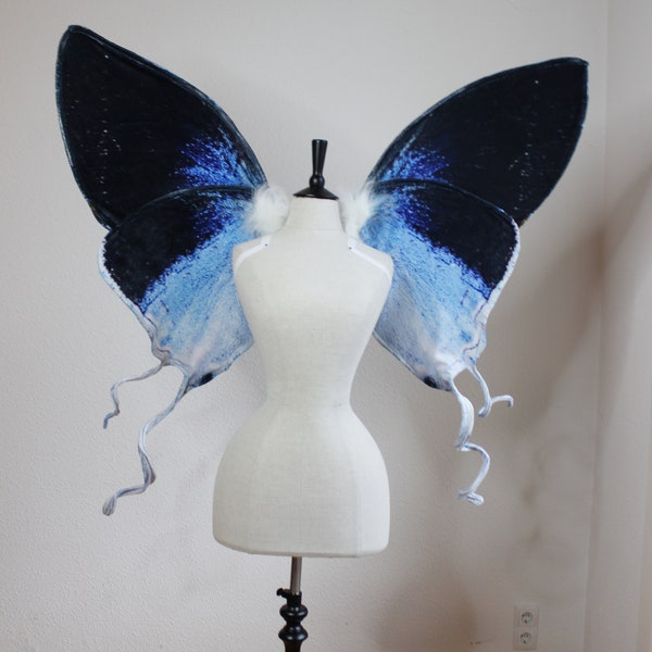 blue Fluffy Tit Butterfly Fairy Wings - realistic Fantasy Costume Accessory for Adults - Size L Large