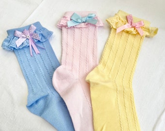 Adult Size Pastel Customised Socks with Bows UK size 4-7 (Europe 37-40, US 6-9)