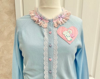 Vintage 70s Up Cycled Light Blue Cardigan with Bunny Motif 38-40 inch chest