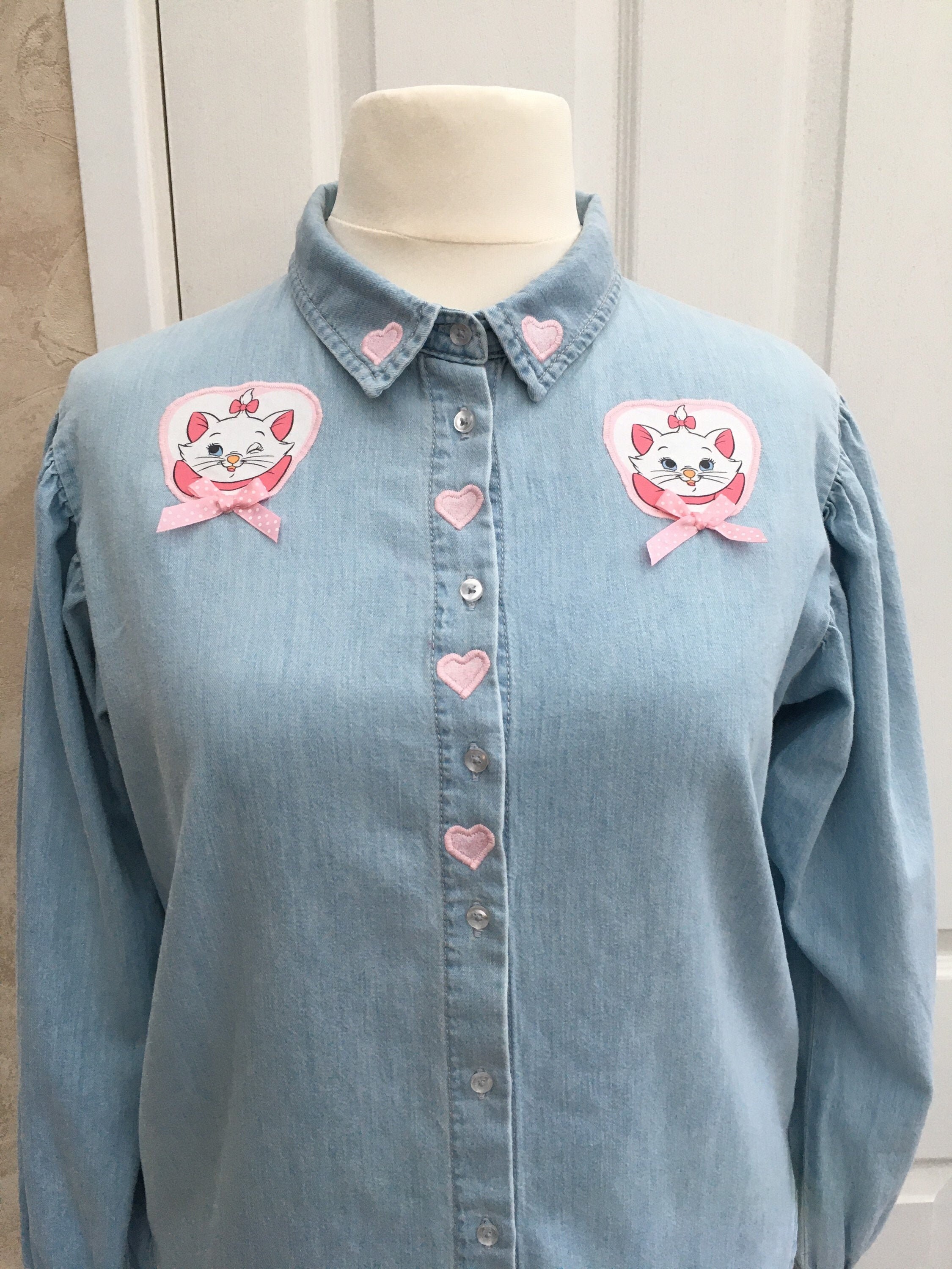 Image of Cats & Hearts Customised Denim Skirt Uk Size