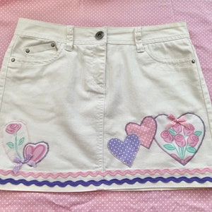 Rose and Heart Appliqués Up Cycled Off-White Denim Mini Skirt 32-34 inch waist