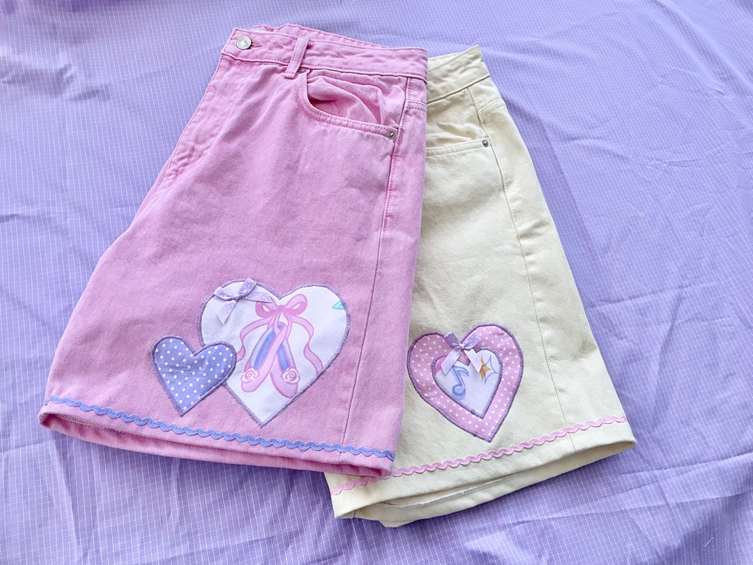 Pink or Yellow Heart Appliqué up Cycled Denim Shorts UK Size 16 Etsy UK
