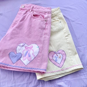 Pink or Yellow Heart Appliqué Up Cycled Denim Shorts UK size 16