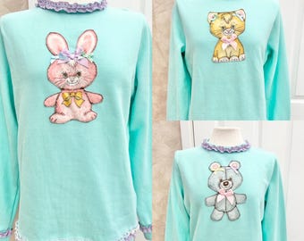 Kitsch Teddy Bear, Bunny, or Kitten Customised Mint Green Sweater UK sizes 10 & 12