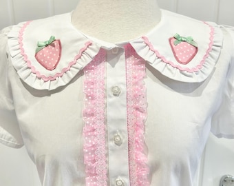 Strawberry Appliqué Peter Pan Collar Blouse (33”-35” chest & 35”-37” chest)