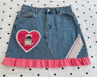 Up Cycled Heart Appliqué with Teddy Bear Denim Mini Skirt UK size 14