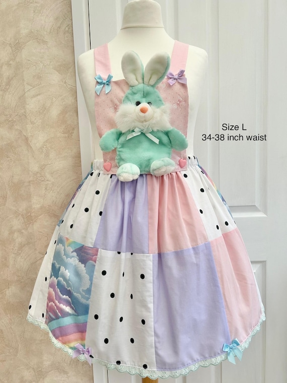Kitsch Pastel Patchwork Overalls Skirt with Bunny Plush Appliqué sizes L, XL & 2XL