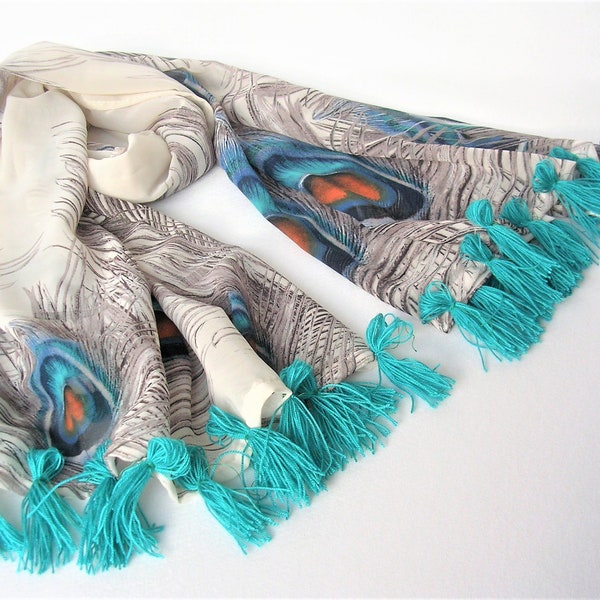 Fringed Chiffon Shawl, Scarf, Wrap, draping, decorative, Bright Peacock feathers pattern on ecru, lightweight cover, Evening wear, Weddings