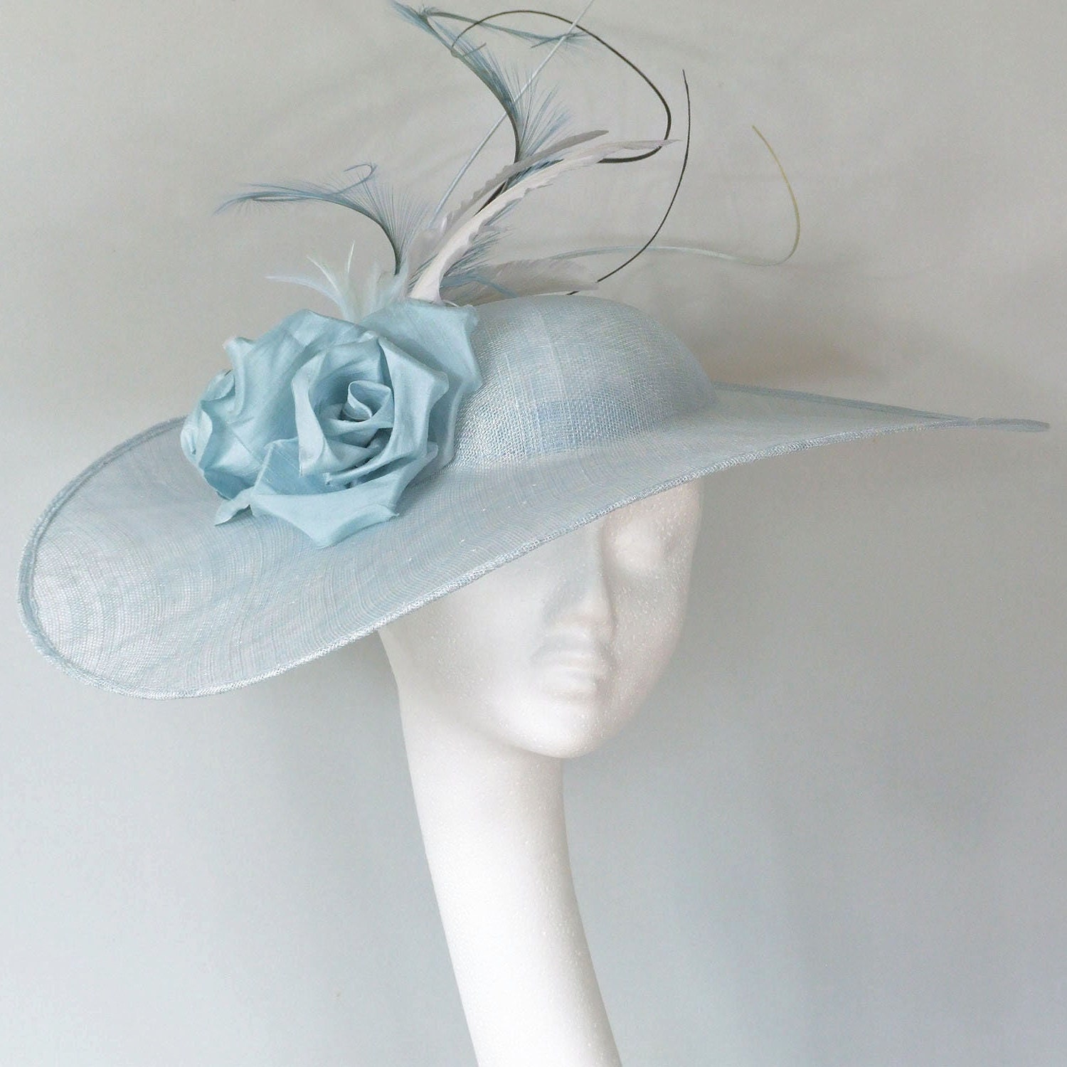 Pale Blue Sinamay Wide Brim Hat: Silk Rose & Feather Ascot Hat