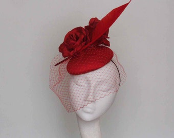 Red Roses Silk Fascinator, Kentucky Derby Hat,  Ascot Hat, Mother of the Bride Hat, Church Hat