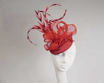 READY MADE, Red Fascinator, Kentucky Derby Hat, Royal Ascot Hat, Mother of the Bride Hat, Occasion Hat , Tea Party Hat New SS 2024