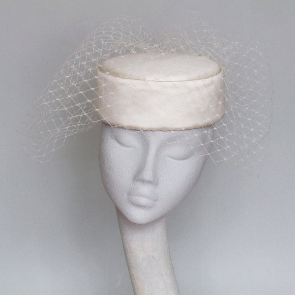 READY MADE, Ivory Birdcage Veil Bridal Pillbox Fascinator - Bridal Hat - Wedding-Jackie 'O'