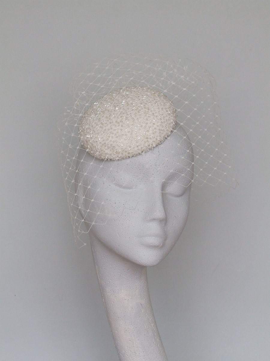 Birdcage Veil, Ivory Beaded Bridal Pillbox Fascinator - Etsy display picture 1