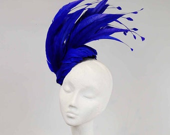 READY MADE, Royal Blue Fascinator, Blue Feather Hat, Kentucky Derby Hat ,Royal Ascot Hat, Mother of the Bride Hat, Tea Party Hat New SS 2024