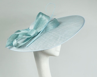 Pale Blue Sinamay Derby Hat: Wide Brim Ascot Hat with Silk Abaca Bow