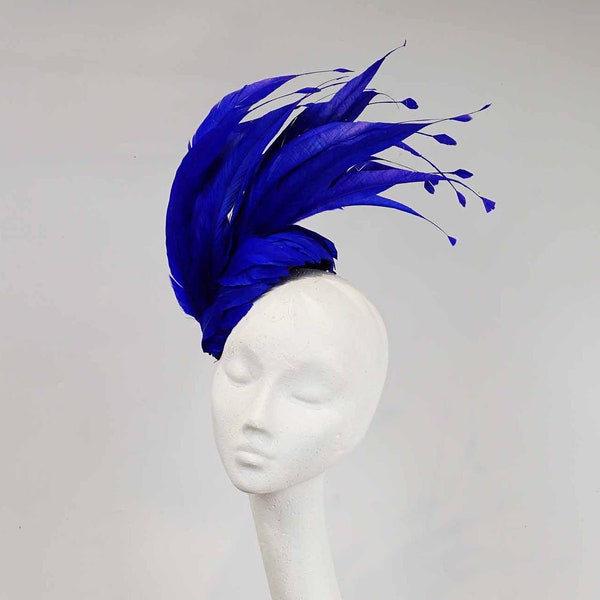 READY MADE, Royal Blue Fascinator, Blue Feather Hat, Kentucky Derby Hat ,Royal Ascot Hat, Mother of the Bride Hat, Tea Party Hat New SS 2024
