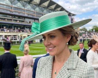 Mint Green Wide Brim Boater Fascinator. Royal Ascot, Kentucky Derby Hat