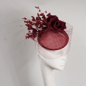 Burgundy Red Sinamay Fascinator, Kentucky Derby Hat, Royal Ascot Hat, Wedding Hat, Occasion Hat, Church Hat