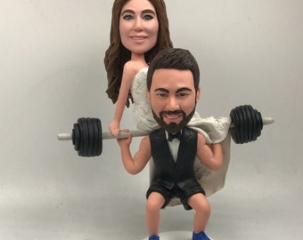 Weight Lifting Wedding Cake Topper Bodybuilding Cake Topper Topper Personalized Weight Lifting Groom Bride on Barbells Funny Cake Topper