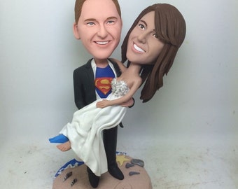 Super Hero Groom Save Bride Beach Wedding Cake Topper Custom Personalized Bobble Head Clay Figurine Based on Customers' Photo Wedding Gift