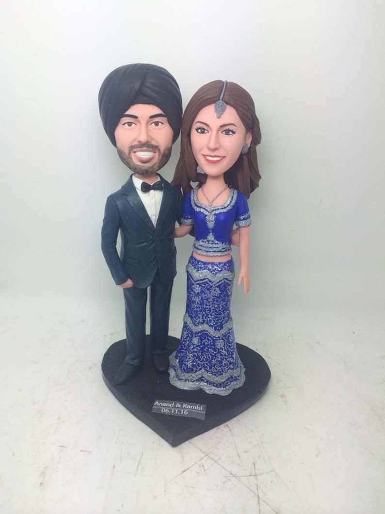 Custom Indian Outfit Personalized Wedding Cake Topper Bobble Head Clay Figurine Based on Customers' Photos Traditional Indian Wedding Gift image 1