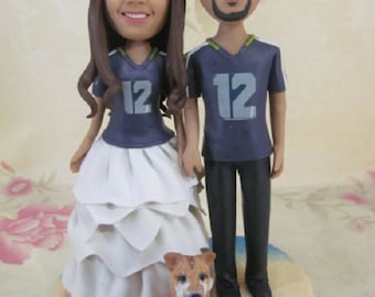 Football Fans With Pet Personalized Wedding Cake Topper Bobble Head Clay Figurine Based on Customers' Photos Football Wedding Football Gifts