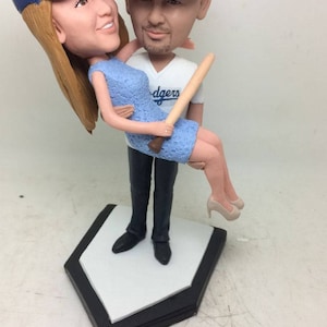 LA Dodgers Wedding Groom Bride Personalized Wedding Cake Toppers Custom Bobble Head Homeplate Topper Groom Holding Bride Dodgers Cake Topper