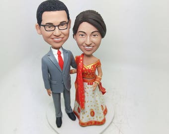 Custom Indian Bride Personalized Wedding Cake Topper Indian Bobble Head Clay Figurine Traditional Indian Bride Indian Wedding Cake Topper