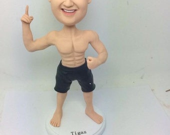 Muscle Man Personalized Bobble Head Clay Figurines Based on Customers' Photos Using As Wedding or Birthday Cake Topper, Gifts, Decorations