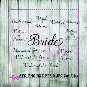 Sposa assistenti di nozze damigella d'onore matrona d'onore SVG DIY jpg png dxf eps file di taglio file sposa abiti da sposa appendiabiti occhiali madre di