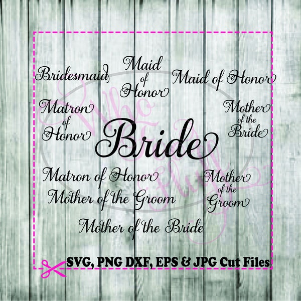 Bride wedding attendants bridesmaid matron of honor SVG DIY jpg png dxf eps files cutting file wedding bride robes hangers glasses mother of