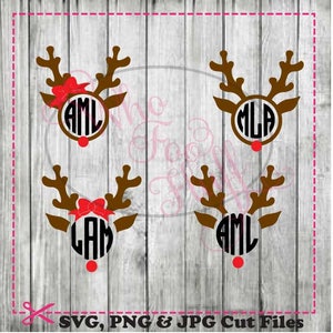 May include: Four brown reindeer head silhouettes with red noses and a bow on the top of the antlers. Each reindeer has a circle with a monogram inside. The monograms are AML, LAM, MLA, and AML.