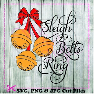 May include: A black and white graphic design with the text "Sleigh Bells Ring" in a cursive font. Three orange bells are hanging from a red ribbon with a bow.