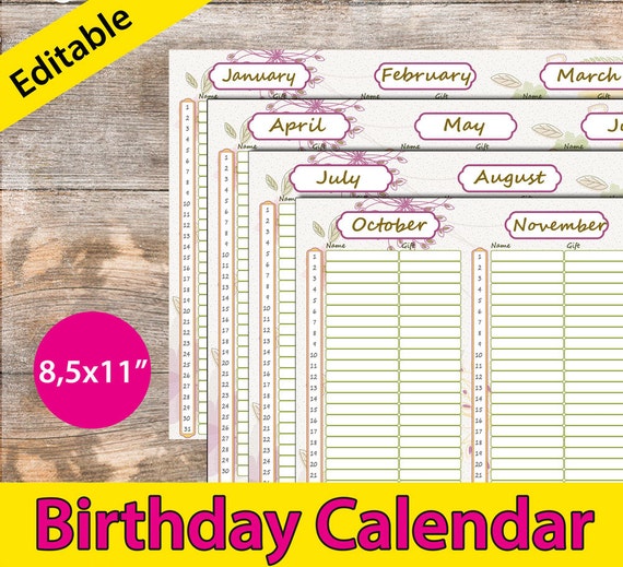 Perpetual Calendar Pdf Birthday Calendar Editable Birthday Etsy