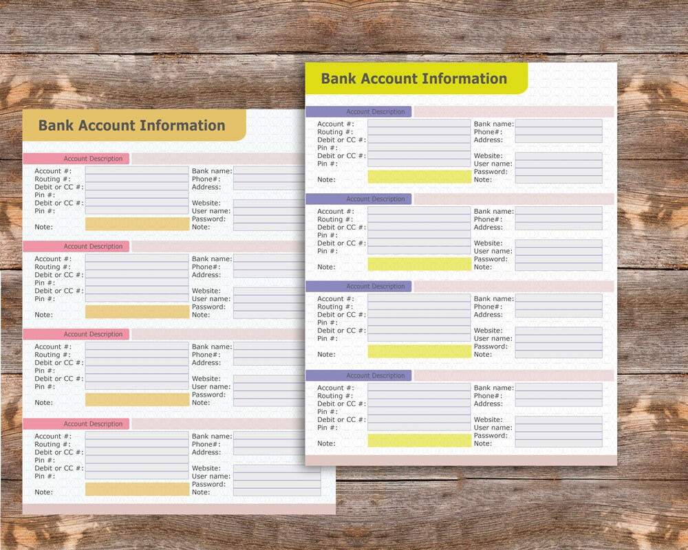 Bank Account Information Printable planner pages Finance | Etsy
