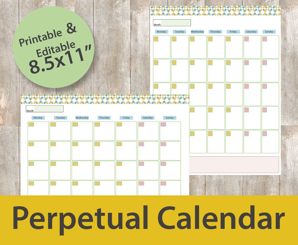 perpetual calendar printable year at one glance perpetual etsy