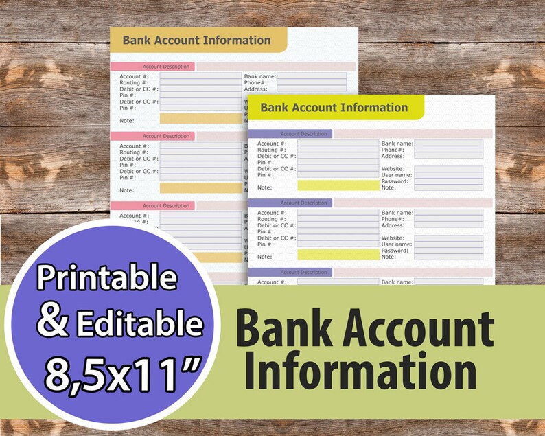Bank Account Information Printable planner pages Finance | Etsy