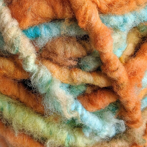 Bulky Weaving Yarn, Hand spun Art Yarn for Woven Wall Hanging, Orange Blue Yarn