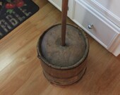 Primitive Large Vintage Hand Crafted Old Oak Wooden Slat Banded Butter Churn With Lid And Dasher