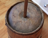 Primitive Large Vintage Hand Crafted Old Oak Wooden Slat Banded Butter Churn With Lid And 4 point star Style Dasher