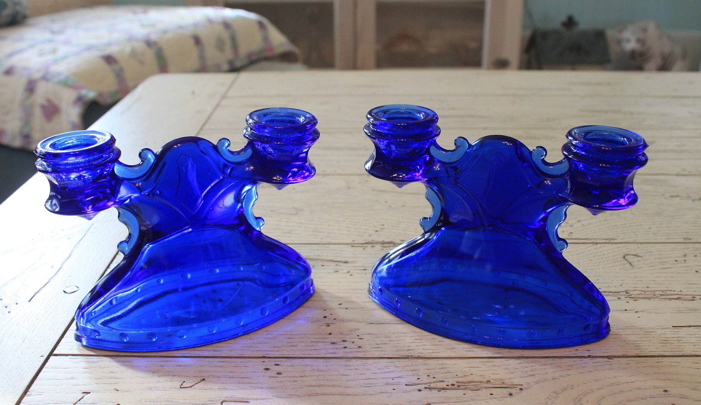 Vintage Cobalt Blue Glass Double Candle Stick Holder Depression Era