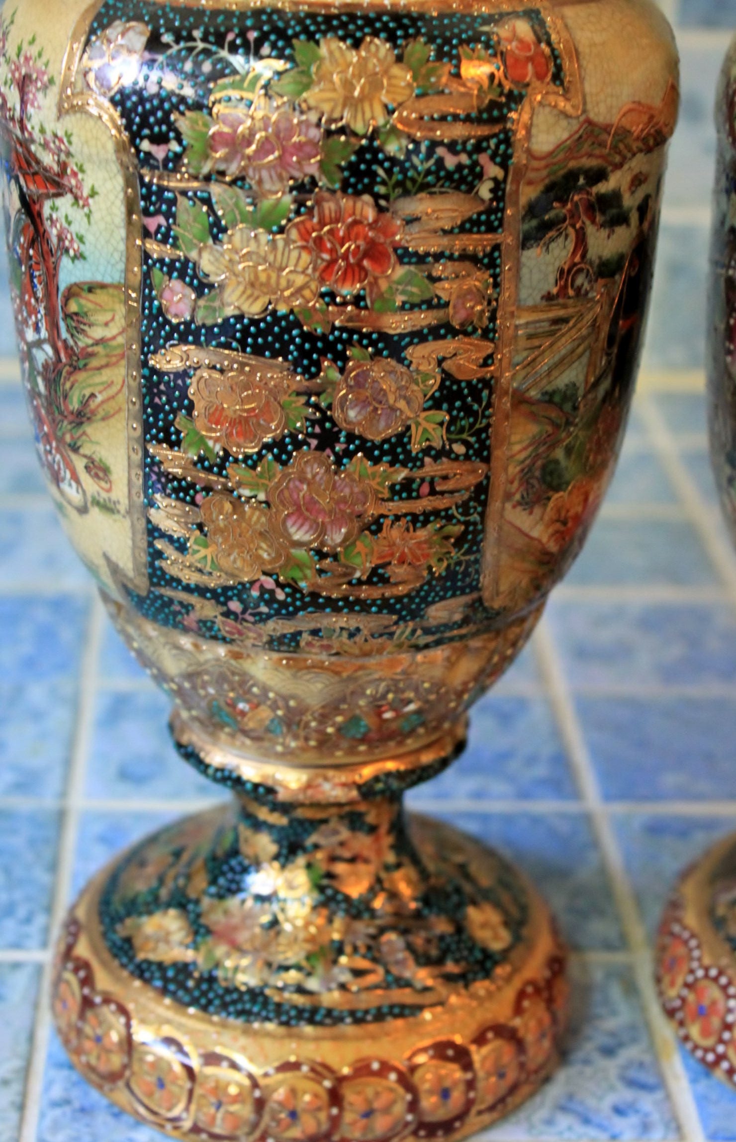 Large ROYAL SATSUMA Japanese Moriage & Gold Gilting Handle Vases