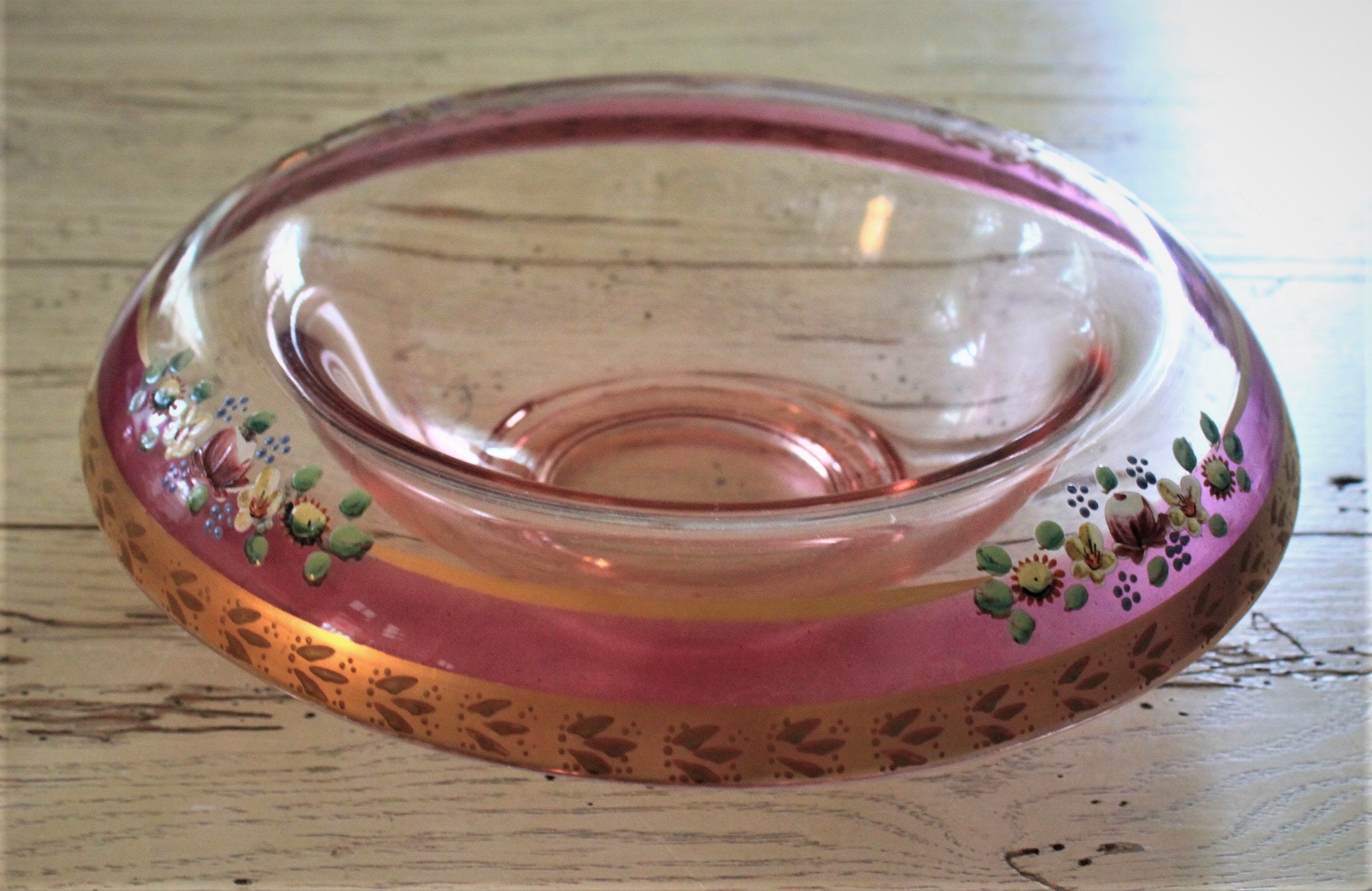 Pink Depression Glass Console Bowl With Hand Painted Enameled Etsy