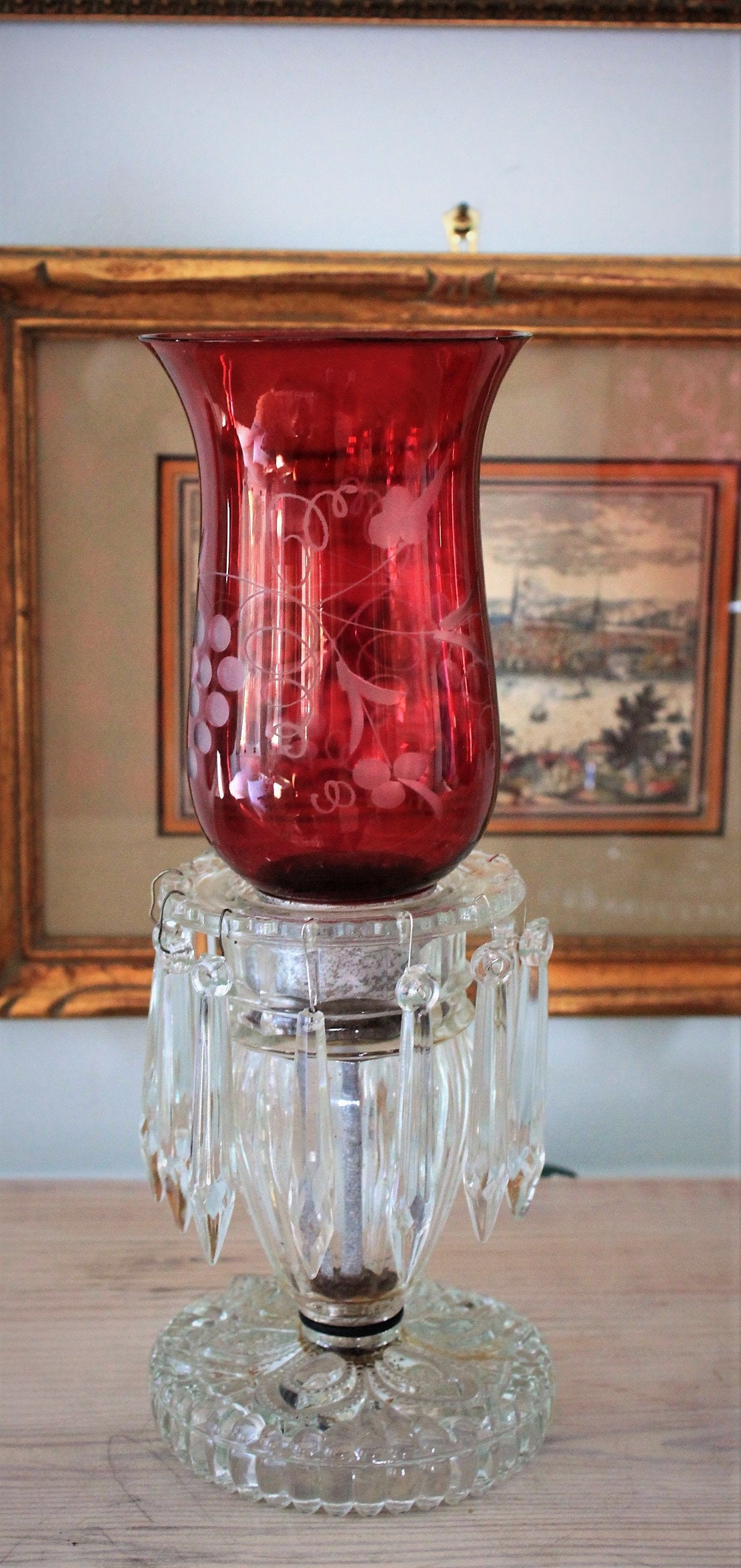 Pair of Cranberry Candle Cut Glass Hurricanes With Prisms Antique