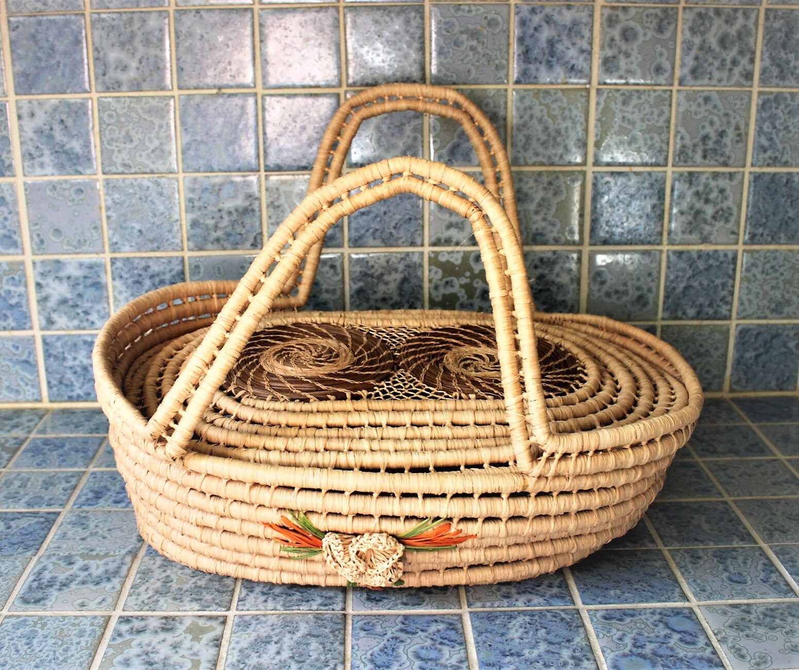Vintage colorful woven straw basket with attached lid