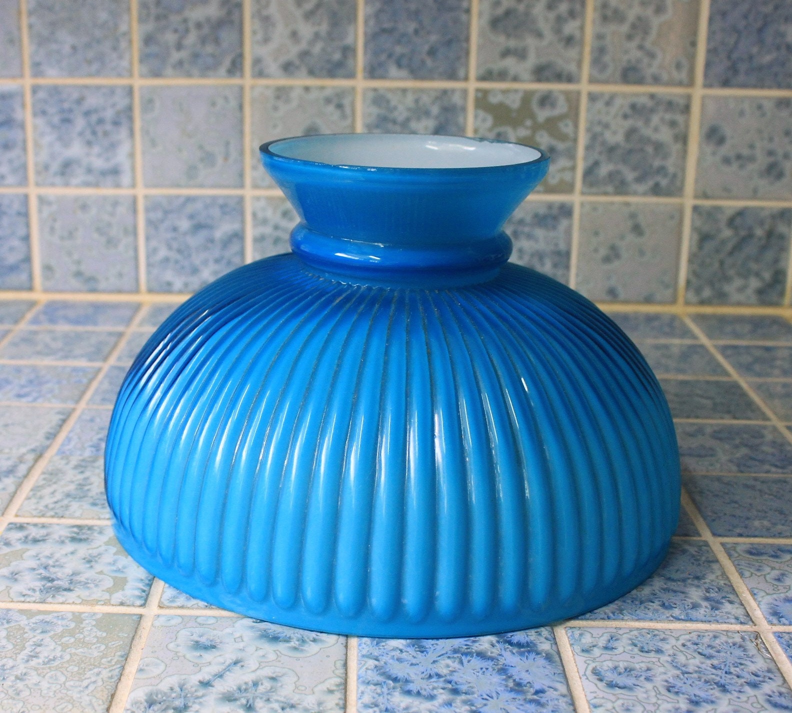 Blue Lamp Shade Cased Ribbed Glass for Student Lamp 10 Fitter