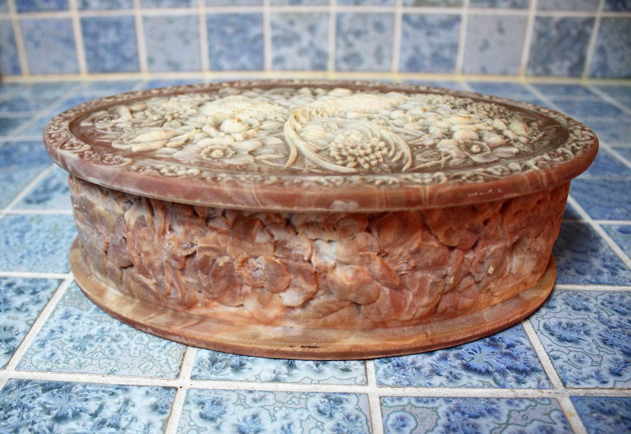 Vintage Jewelry Box Genuine Large Incolay Stone Birds of Paradise